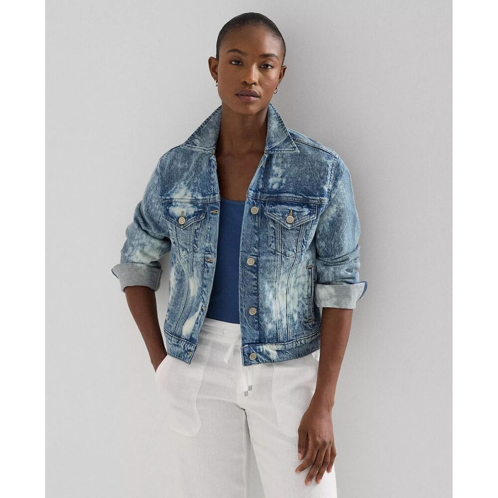 Lauren Ralph Lauren-Bleach-Splattered Denim Jacket Stretch Trucker vintage